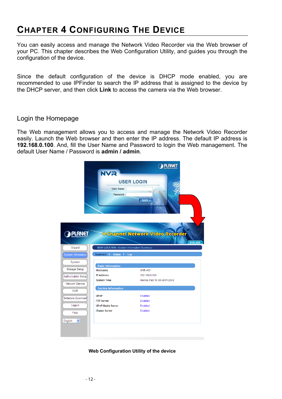 Chapter 4 configuring the device | PLANET NVR-400 User Manual | Page 13 / 43