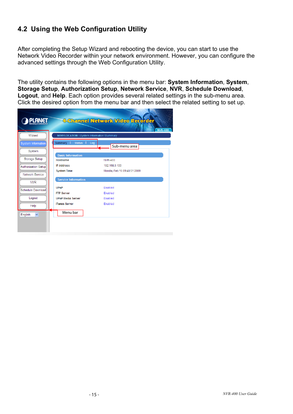 2 using the web configuration utility, Sing the, Onfiguration | Tility | PLANET NVR-400 User Manual | Page 16 / 43