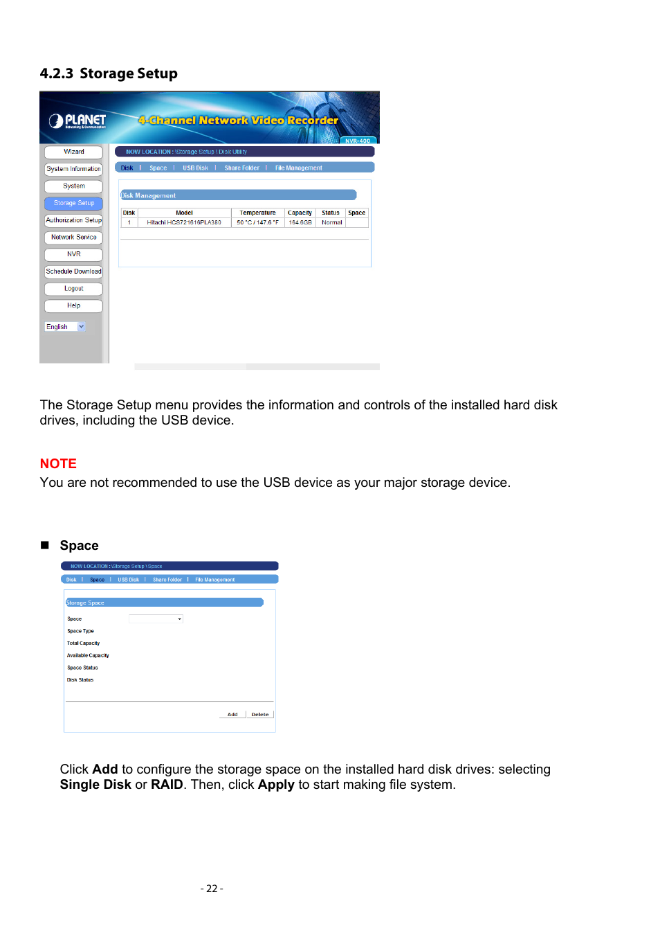 3 storage setup, Storage setup | PLANET NVR-400 User Manual | Page 23 / 43