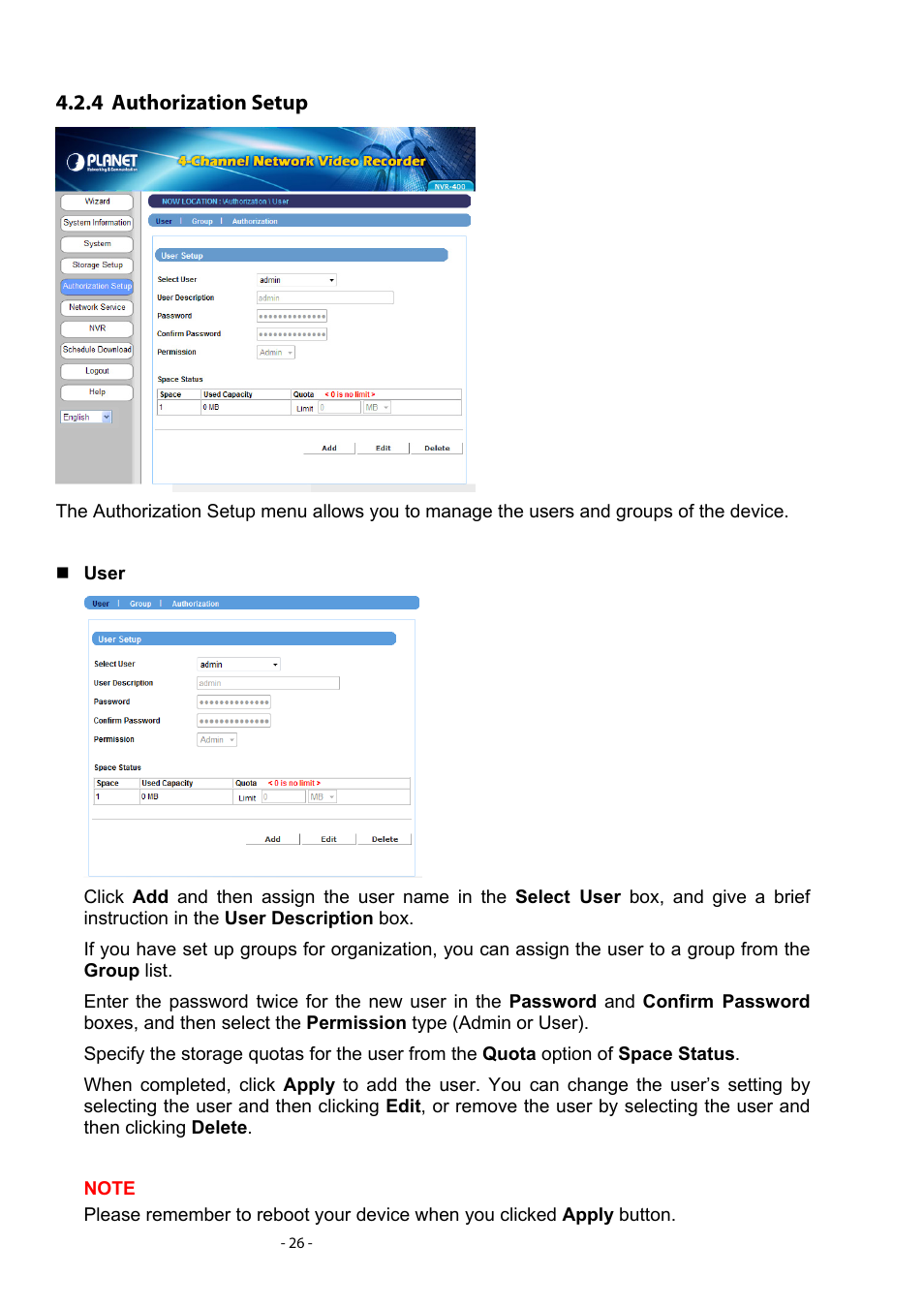 4 authorization setup, Authorization setup | PLANET NVR-400 User Manual | Page 27 / 43