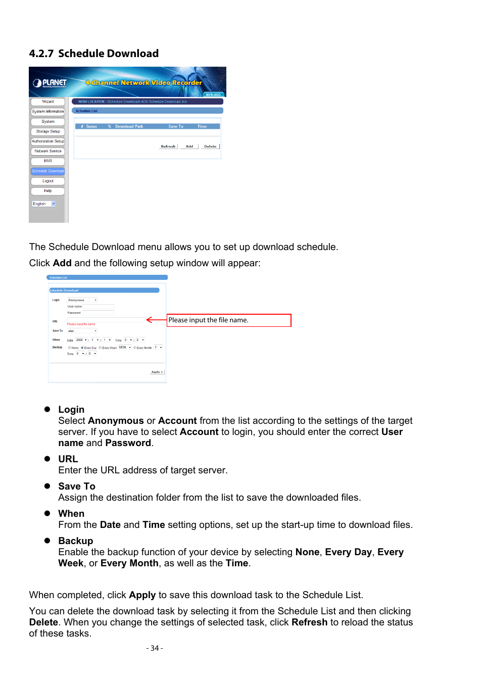 7 schedule download, Schedule download | PLANET NVR-400 User Manual | Page 35 / 43