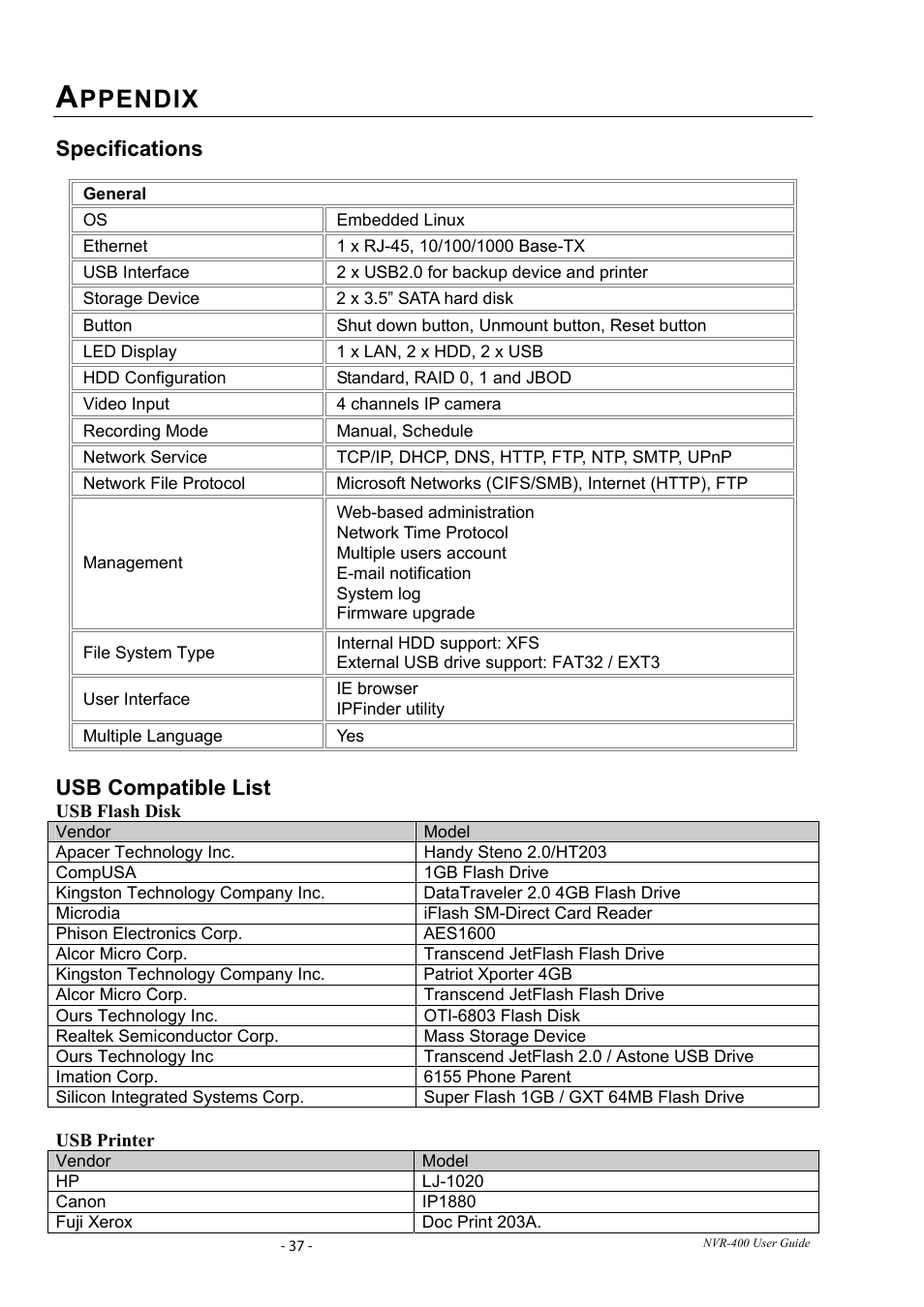 Appendix, Specifications, Usb compatible list | Pecifications, Ompatible, Ppendix | PLANET NVR-400 User Manual | Page 38 / 43