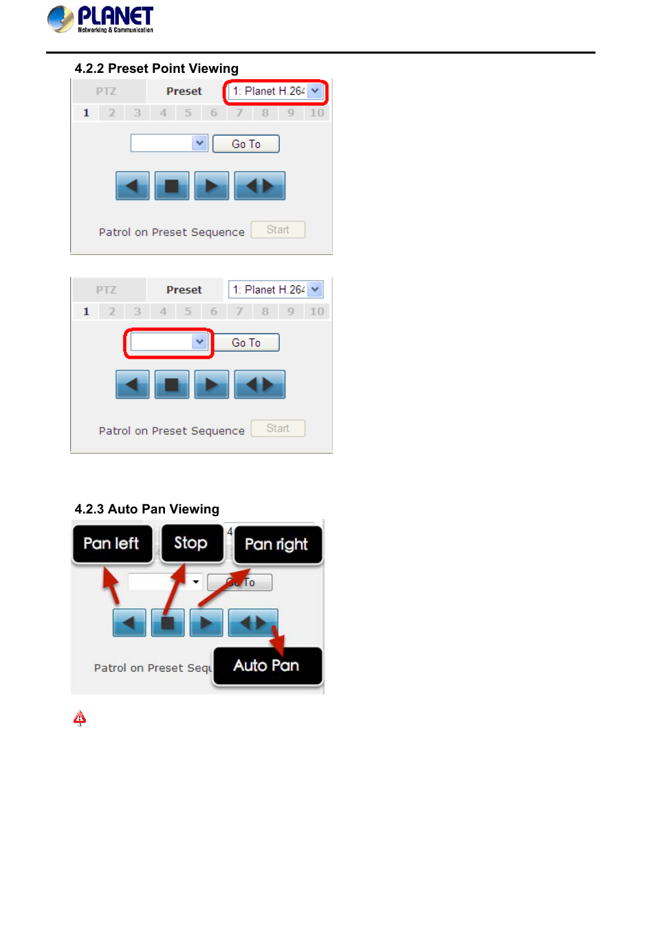 2 preset point viewing, 3 auto pan viewing, 2 preset point viewing 4.2.3 auto pan viewing | PLANET NVR-420 User Manual | Page 24 / 95