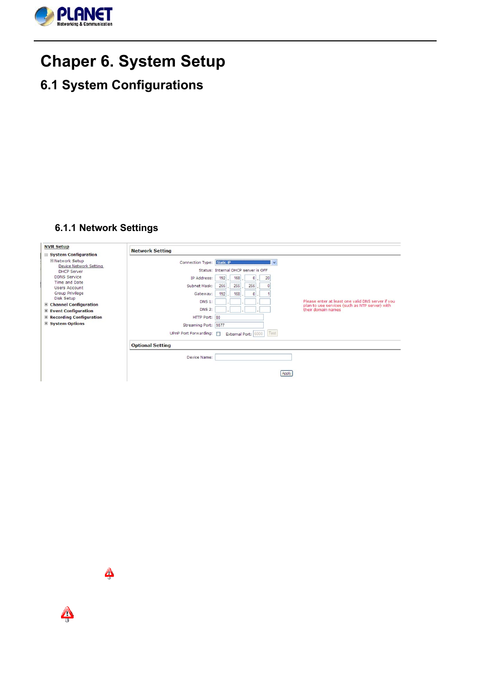 Chaper 6. system setup, 1 system configurations, 1 network settings | PLANET NVR-420 User Manual | Page 45 / 95