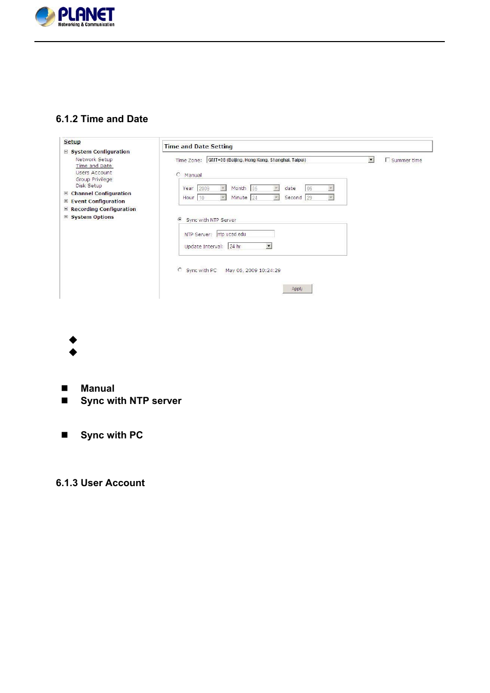 2 time and date, 3 user account, 2 time and date 6.1.3 user account | PLANET NVR-420 User Manual | Page 47 / 95