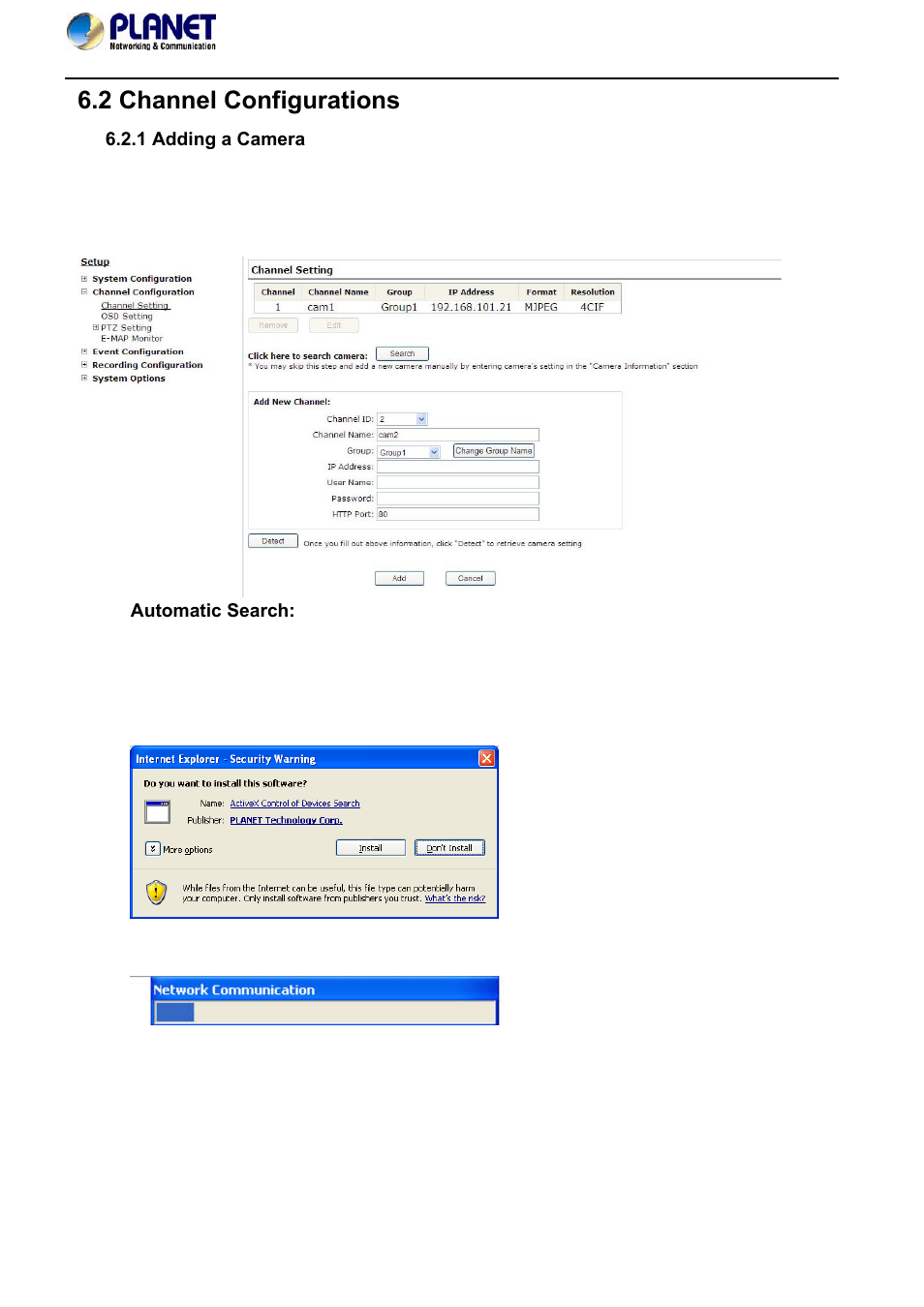 2 channel configurations, 1 adding a camera | PLANET NVR-420 User Manual | Page 51 / 95