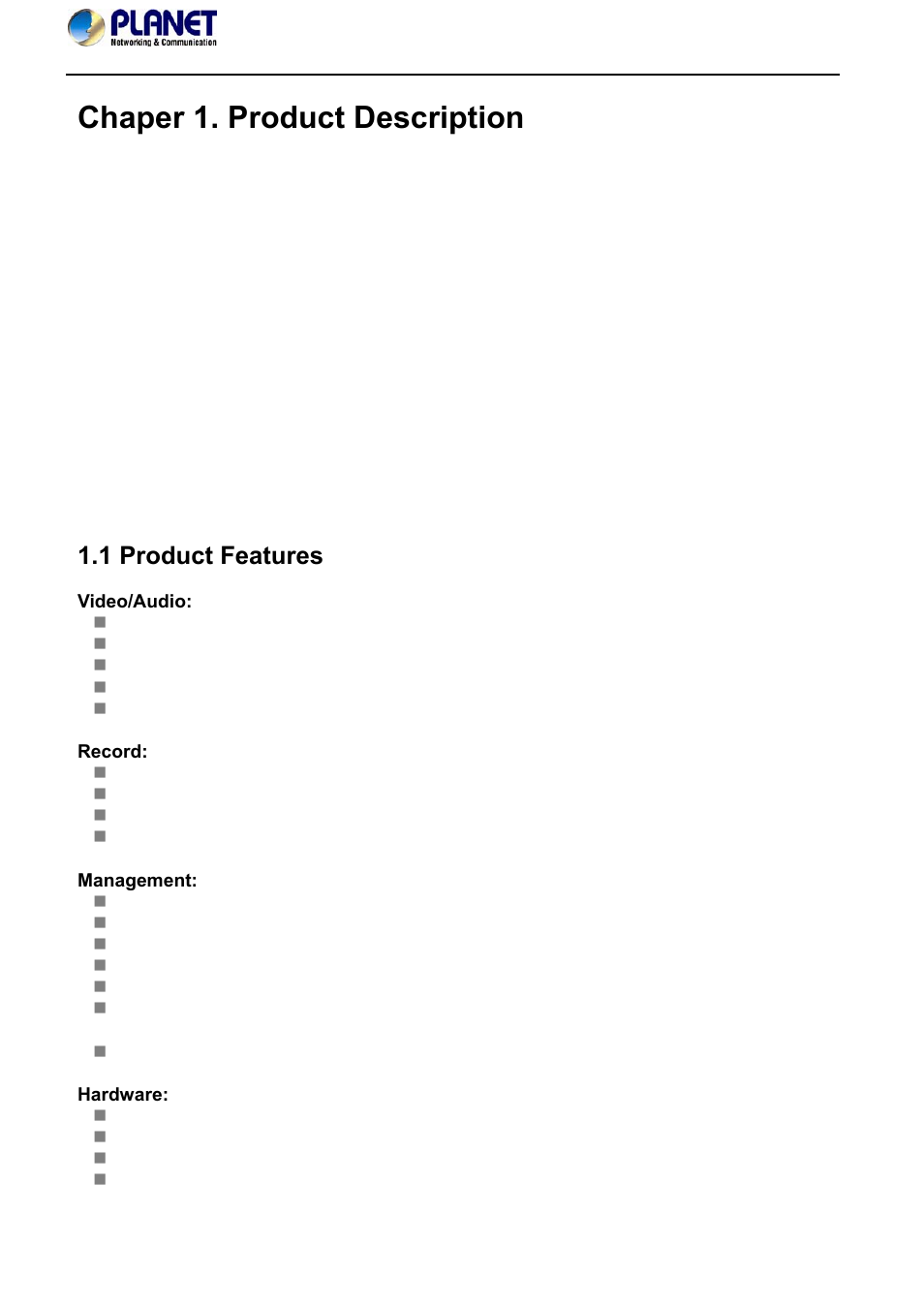 Chaper 1. product description, 1 product features, English | PLANET NVR-420 User Manual | Page 6 / 95