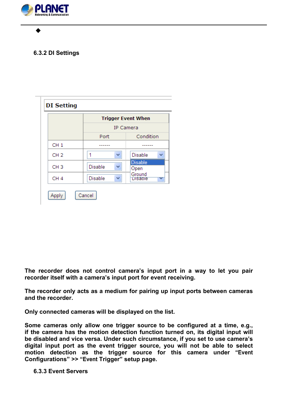 2 di settings, 3 event servers, 2 di settings 6.3.3 event servers | PLANET NVR-420 User Manual | Page 62 / 95