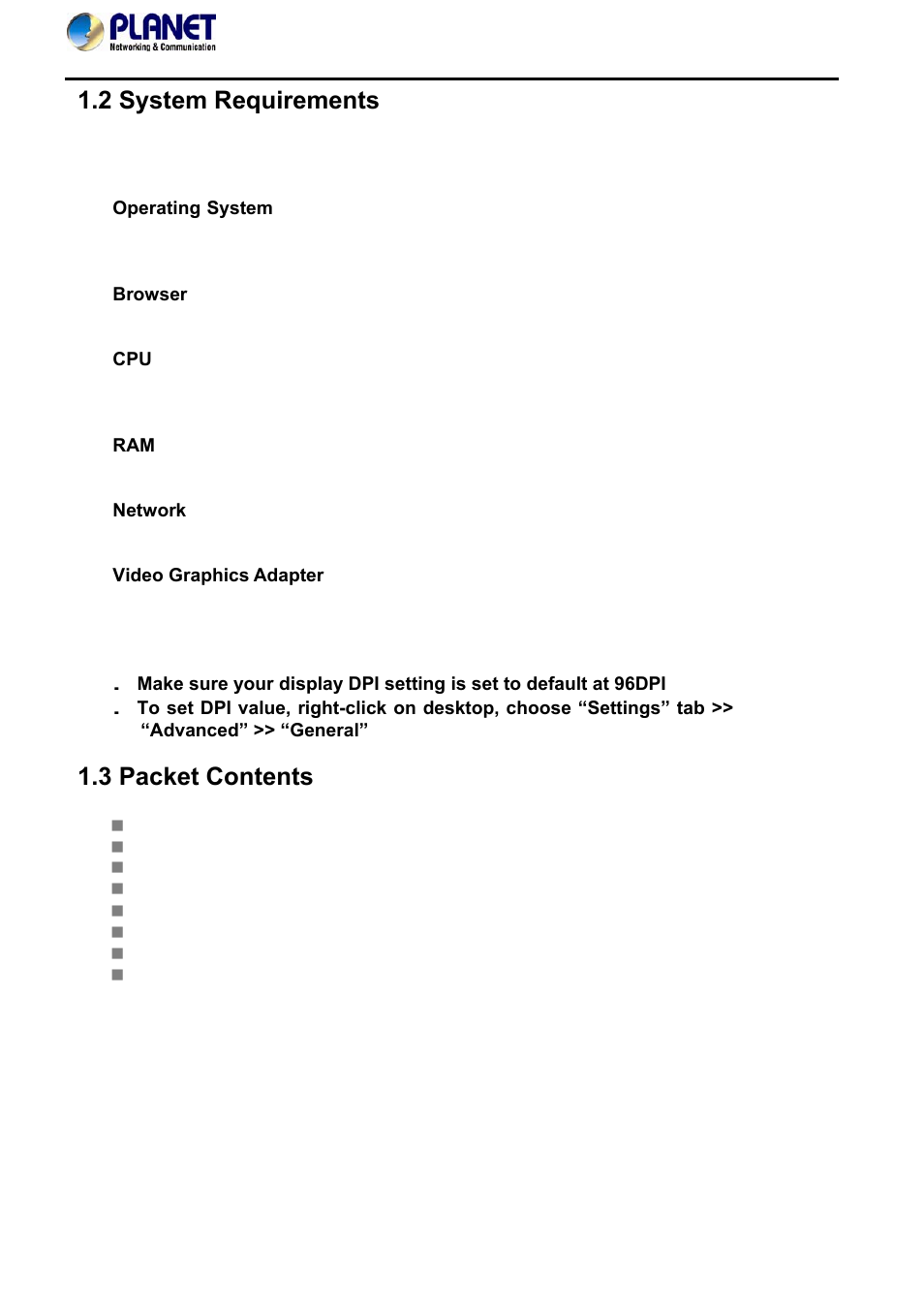 2 system requirements, 3 packet contents, 2 system requirements 1.3 packet contents | PLANET NVR-420 User Manual | Page 7 / 95