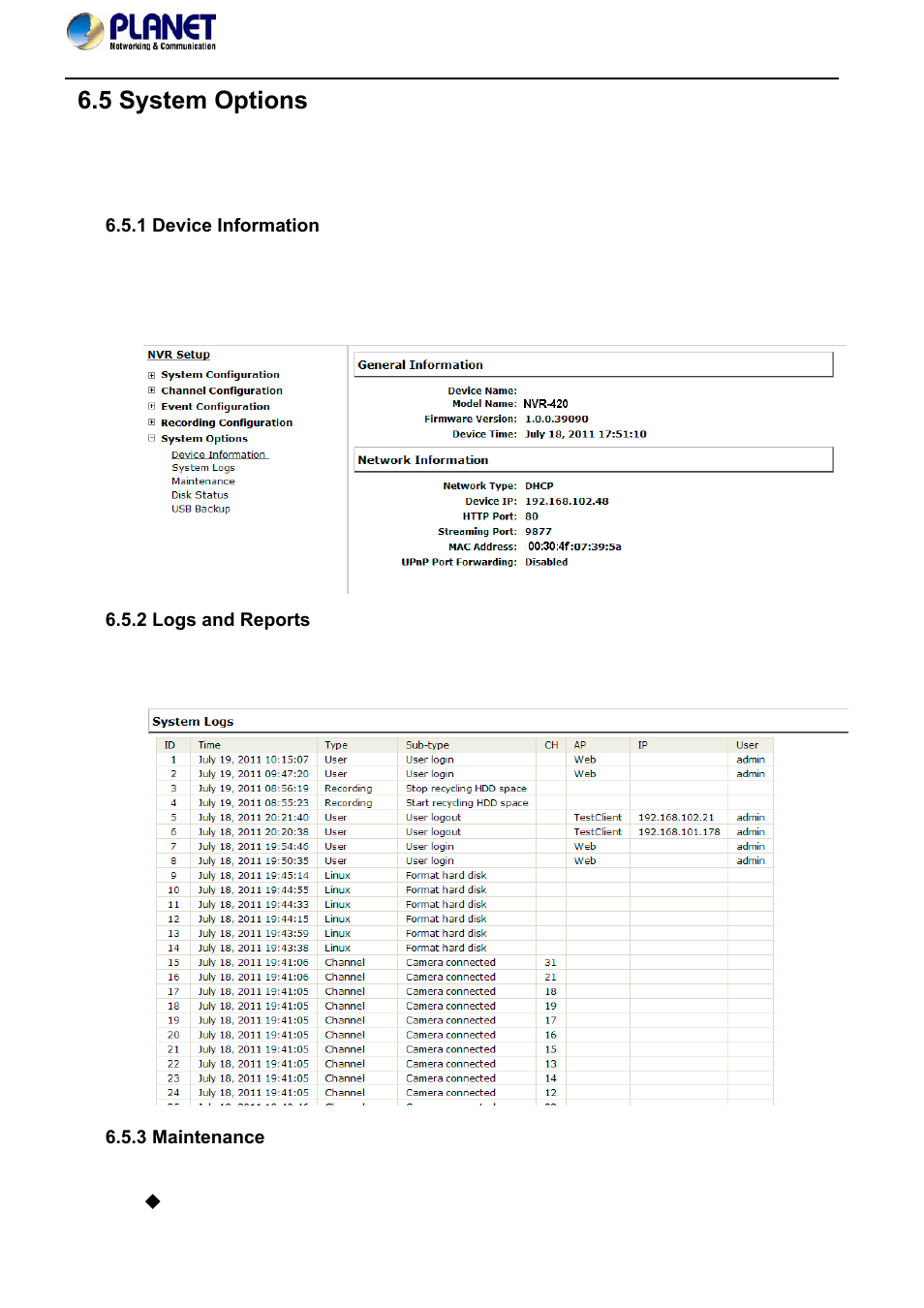 5 system options, 1 device information, 2 logs and reports | 3 maintenance | PLANET NVR-420 User Manual | Page 70 / 95