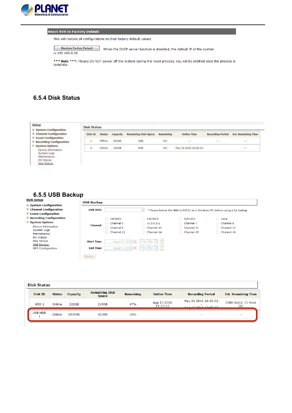 4 disk status, 5 usb backup, 4 disk status 6.5.5 usb backup | PLANET NVR-420 User Manual | Page 72 / 95