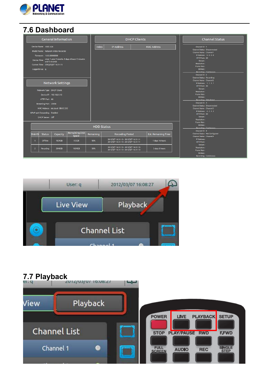 6 dashboard, 7 playback, 6 dashboard 7.7 playback | PLANET NVR-420 User Manual | Page 89 / 95