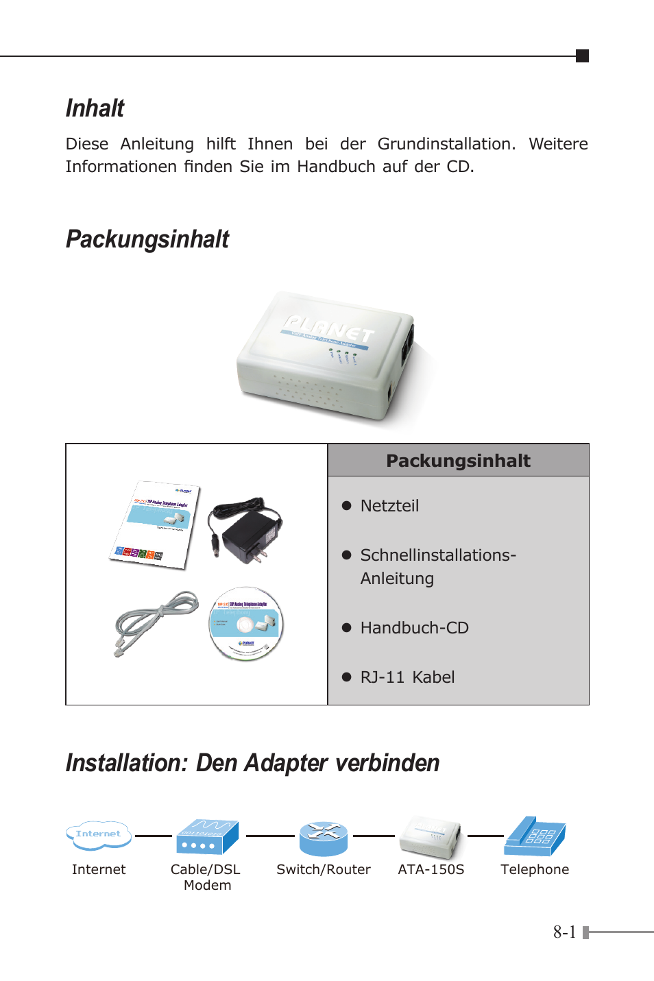 Inhalt, Packungsinhalt, Installation: den adapter verbinden | PLANET ATA-150 User Manual | Page 33 / 36