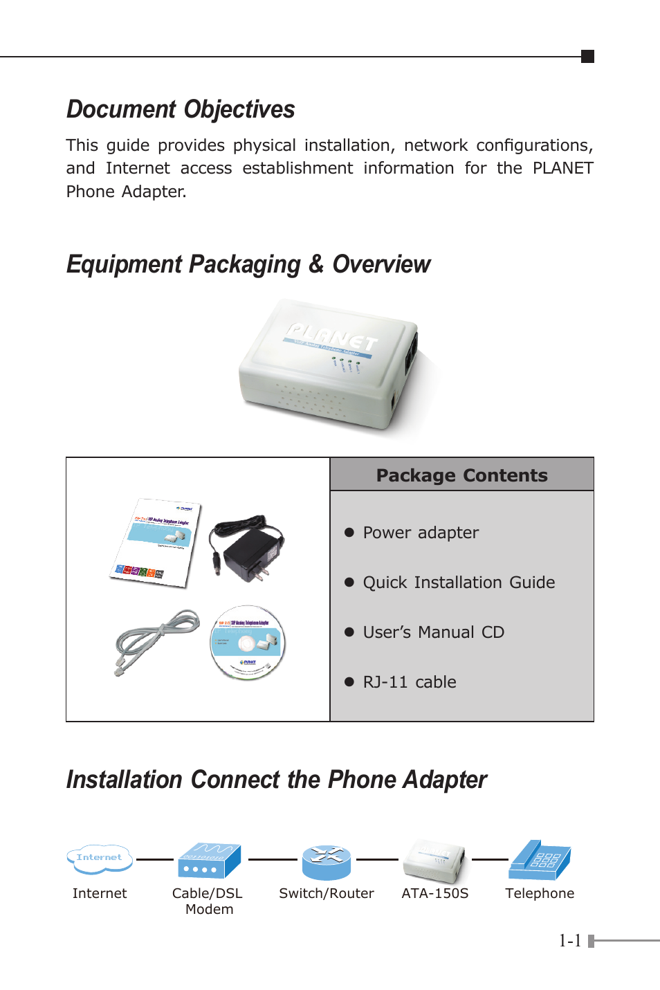 Document objectives, Equipment packaging & overview, Installation connect the phone adapter | PLANET ATA-150 User Manual | Page 5 / 36