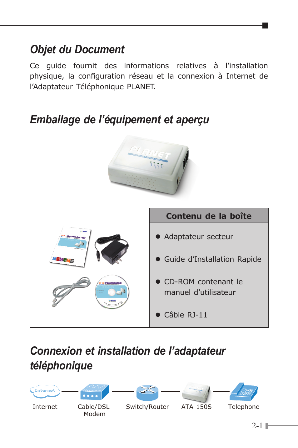 Objet du document, Emballage de l’équipement et aperçu | PLANET ATA-150 User Manual | Page 9 / 36