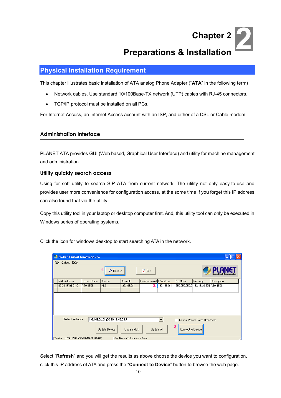 Chapter 2 preparations & installation, Physical installation requirement | PLANET ATA-150 User Manual | Page 10 / 51