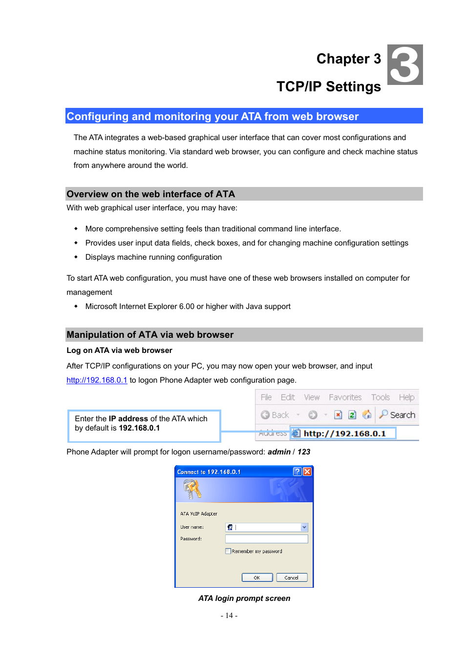 Chapter 3 tcp/ip settings, Overview on the web interface of ata, Manipulation of ata via web browser | PLANET ATA-150 User Manual | Page 14 / 51