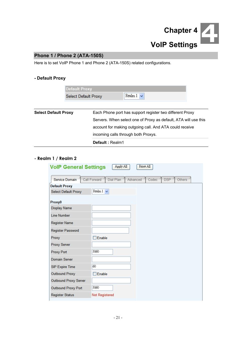 Chapter 4 voip settings, Phone 1 / phone 2 (ata-150s) | PLANET ATA-150 User Manual | Page 21 / 51