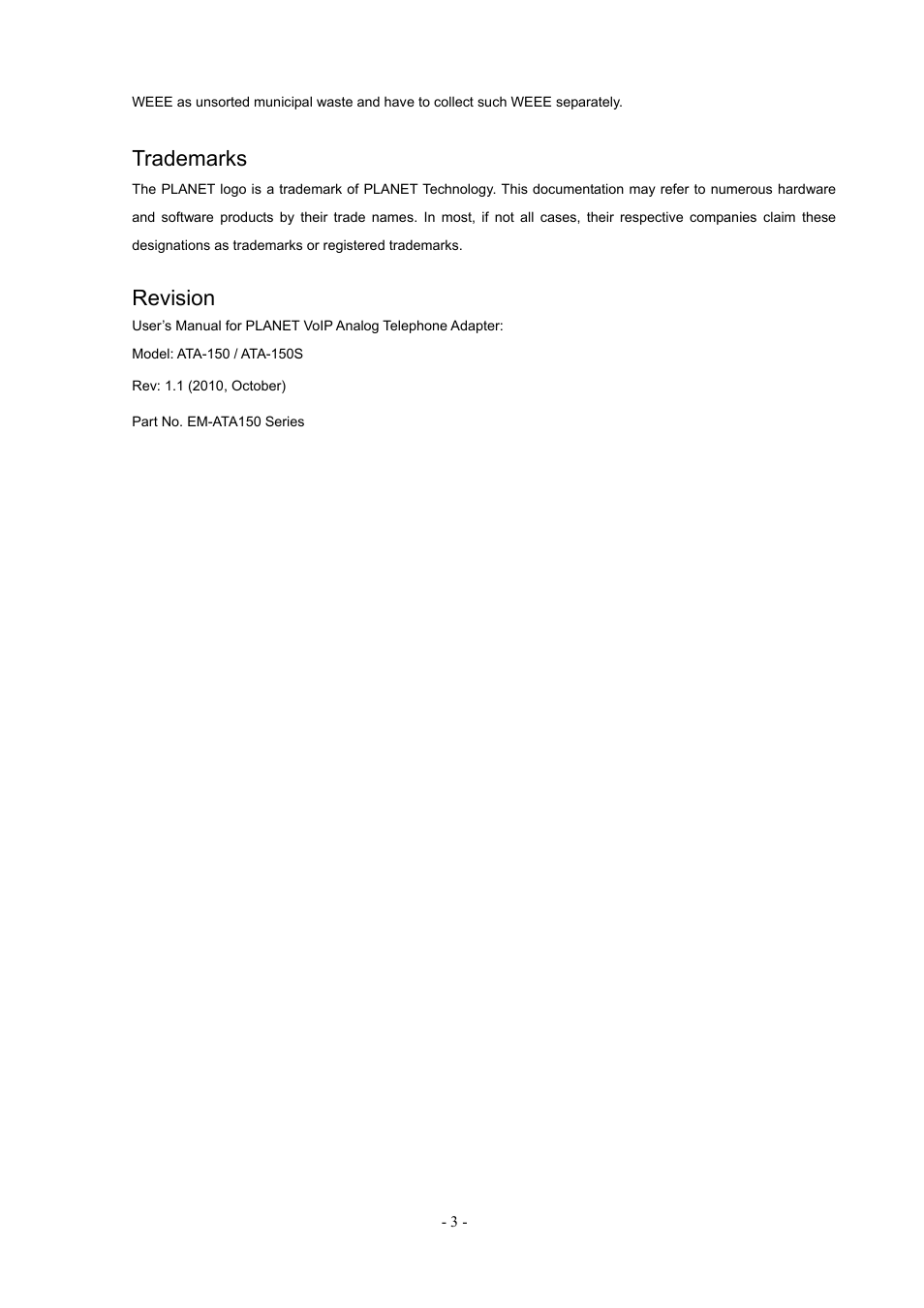 Trademarks, Revision | PLANET ATA-150 User Manual | Page 3 / 51