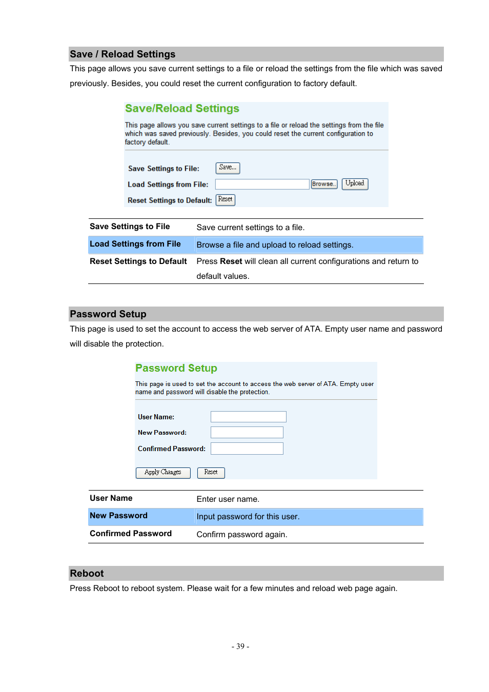 Save / reload settings, Password setup, Reboot | PLANET ATA-150 User Manual | Page 39 / 51