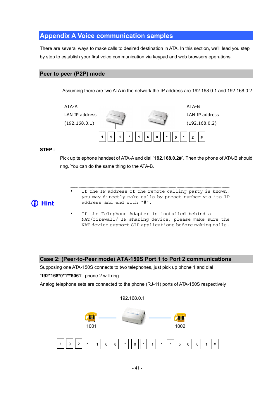 Appendix a voice communication samples, Peer to peer (p2p) mode, Hint | PLANET ATA-150 User Manual | Page 41 / 51