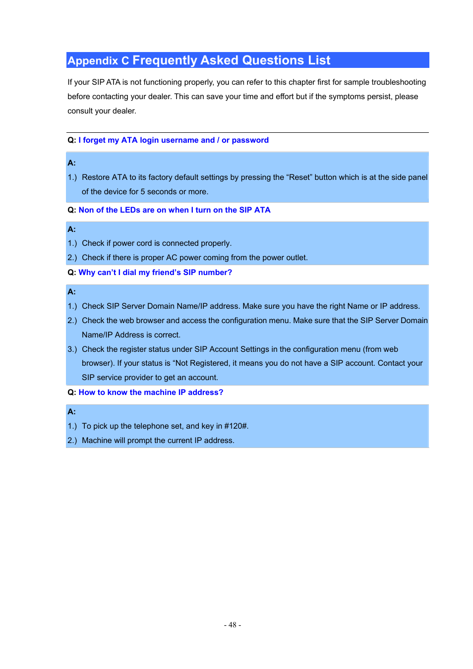 Appendix c frequently asked questions list, Frequently asked questions list, Appendix c | PLANET ATA-150 User Manual | Page 48 / 51