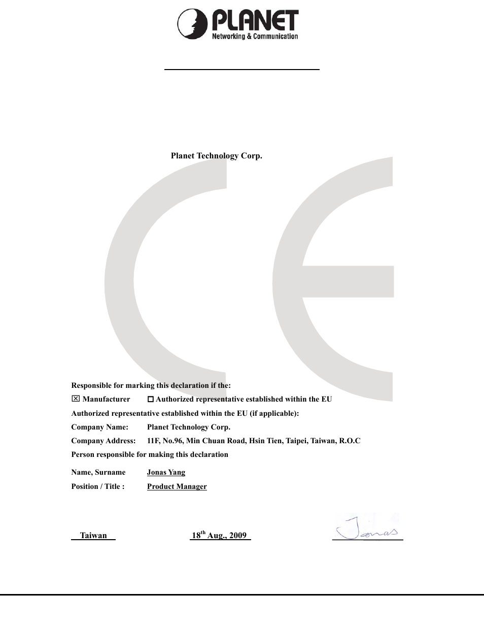 Ec declaration of conformity, Planet technology corporation | PLANET ATA-150 User Manual | Page 51 / 51