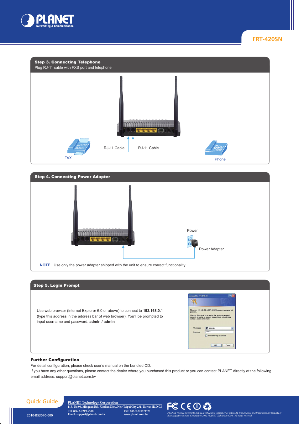 Internet, Frt-420sn, Quick guide | PLANET FRT-420SN User Manual | Page 2 / 2