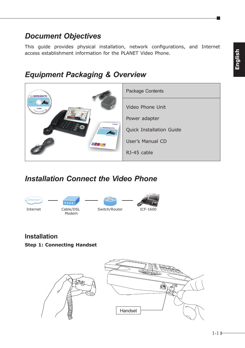 Document objectives, Equipment packaging & overview, Installation connect the video phone | Installation | PLANET ICF-1600 User Manual | Page 6 / 34