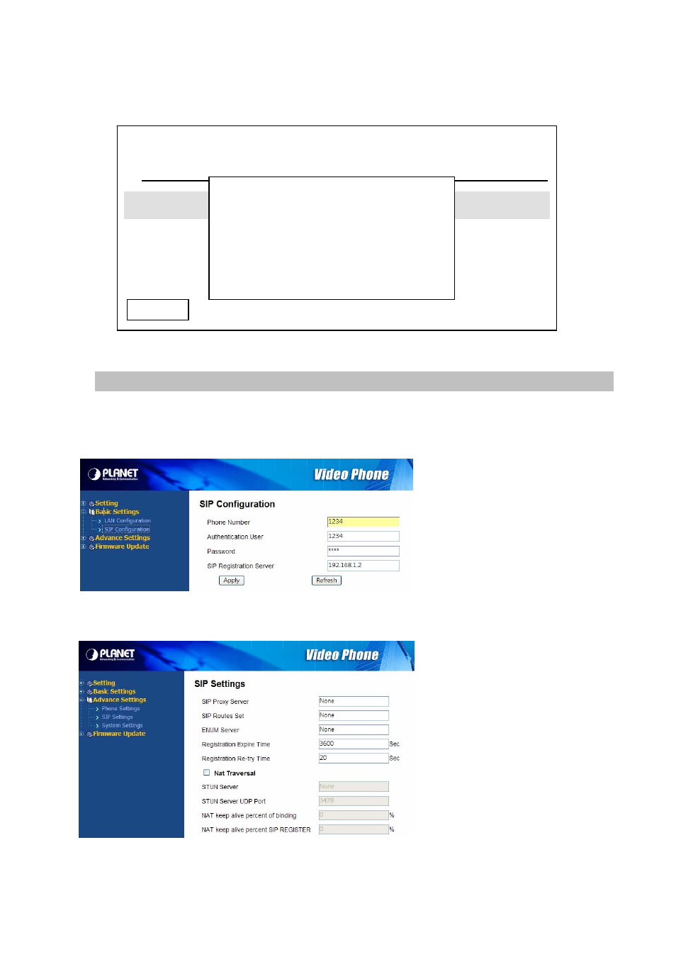 Voip setup (web interface), Sip proxy server none, Sip configurations | PLANET ICF-1600 User Manual | Page 27 / 63
