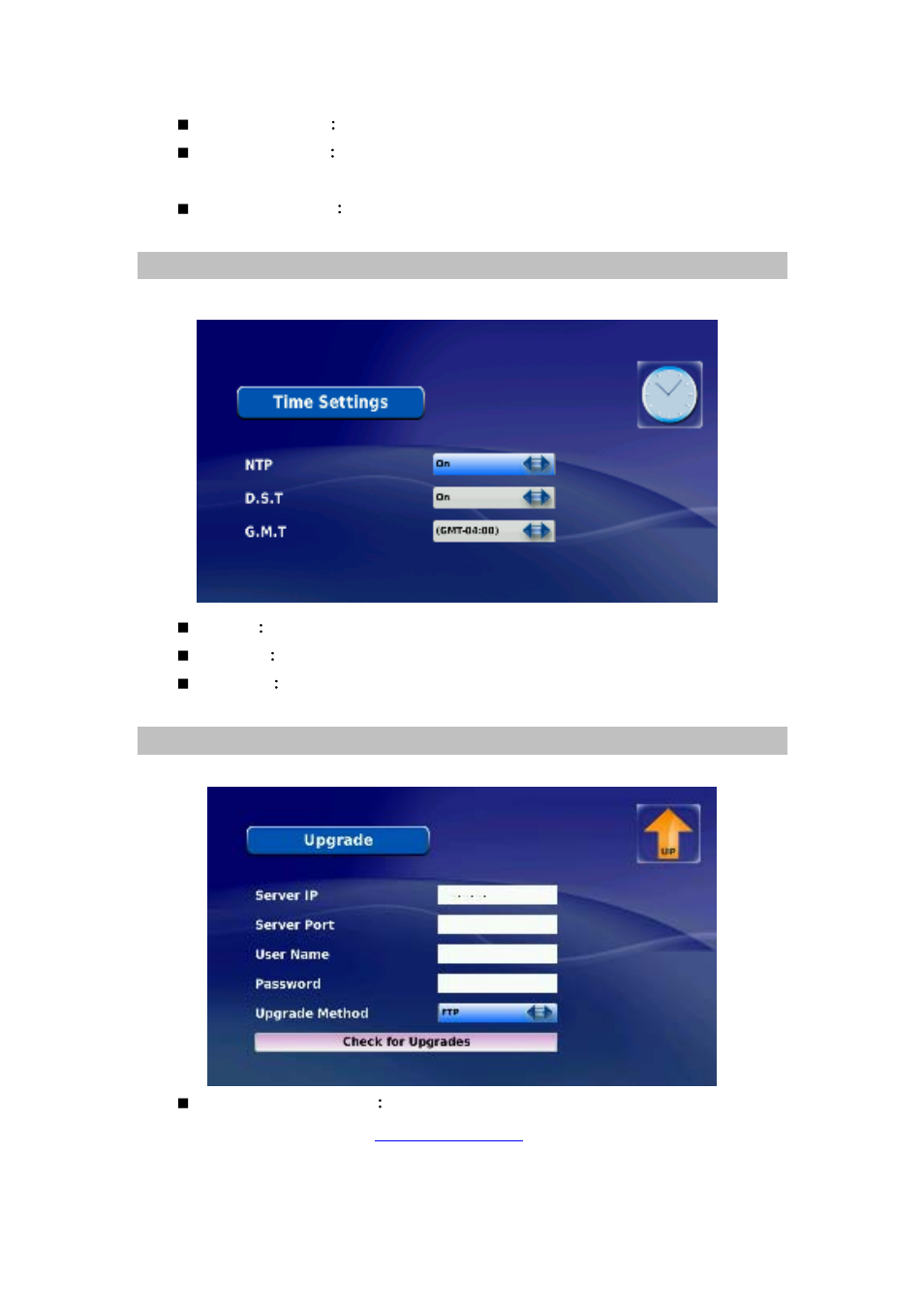 Time settings, Upgrade | PLANET ICF-1601 User Manual | Page 22 / 42