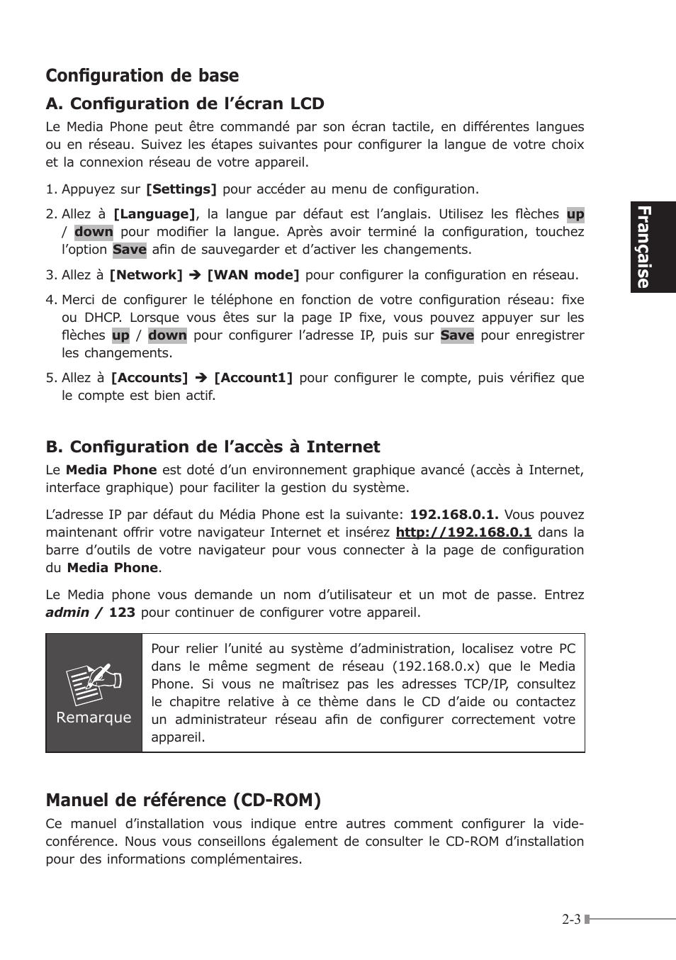 Française configuration de base, Manuel de référence (cd-rom) | PLANET ICF-1700 User Manual | Page 11 / 32