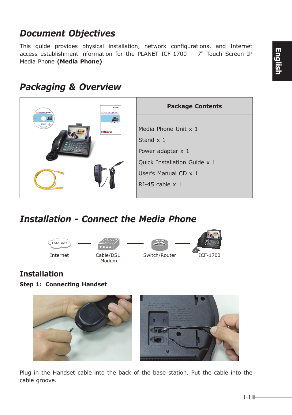 Document objectives, Packaging & overview, Installation - connect the media phone | English, Installation | PLANET ICF-1700 User Manual | Page 5 / 32