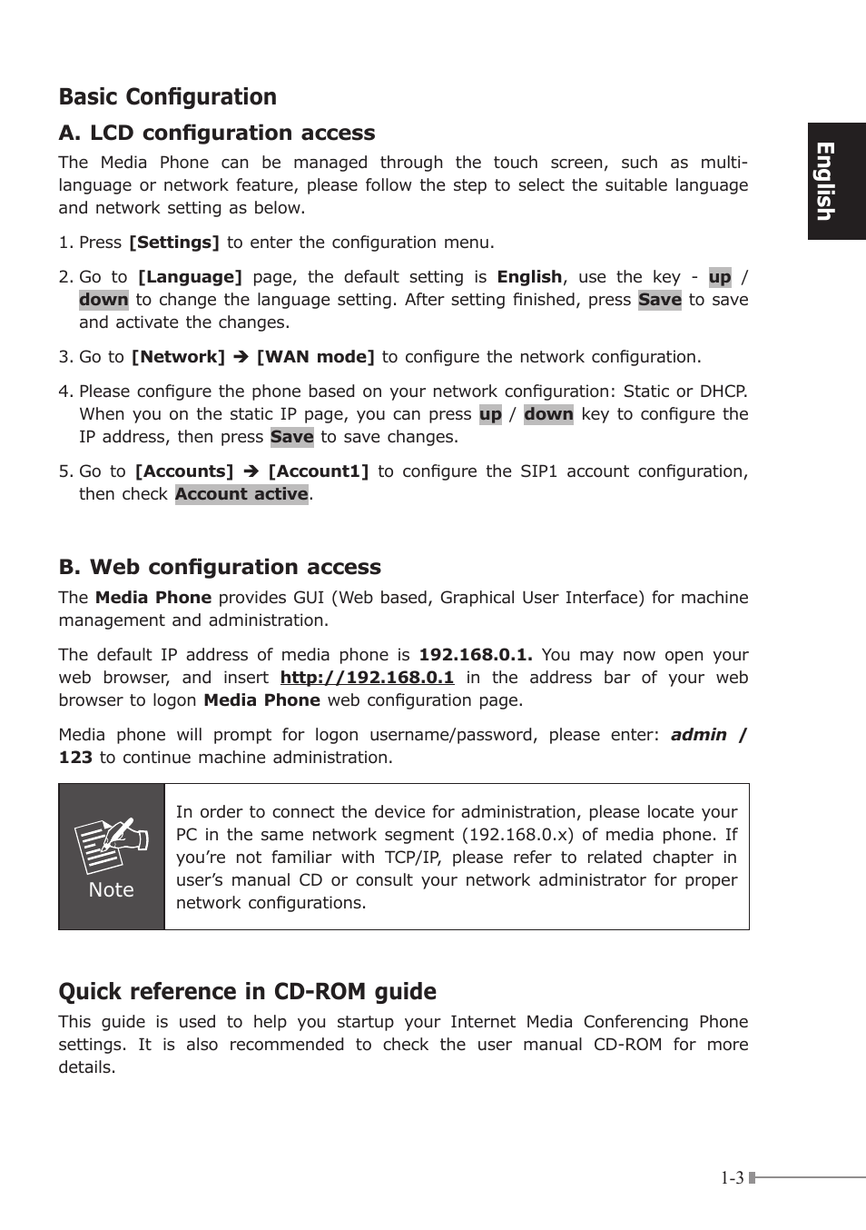 English basic configuration, Quick reference in cd-rom guide | PLANET ICF-1700 User Manual | Page 7 / 32