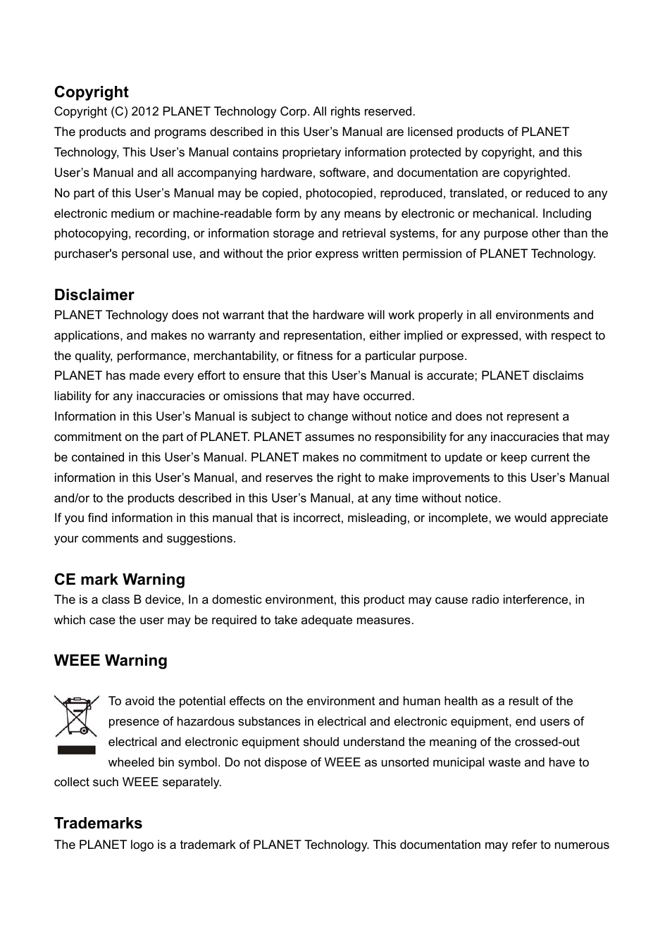 Copyright, Disclaimer, Ce mark warning | Weee warning, Trademarks | PLANET ICF-1700 User Manual | Page 2 / 115