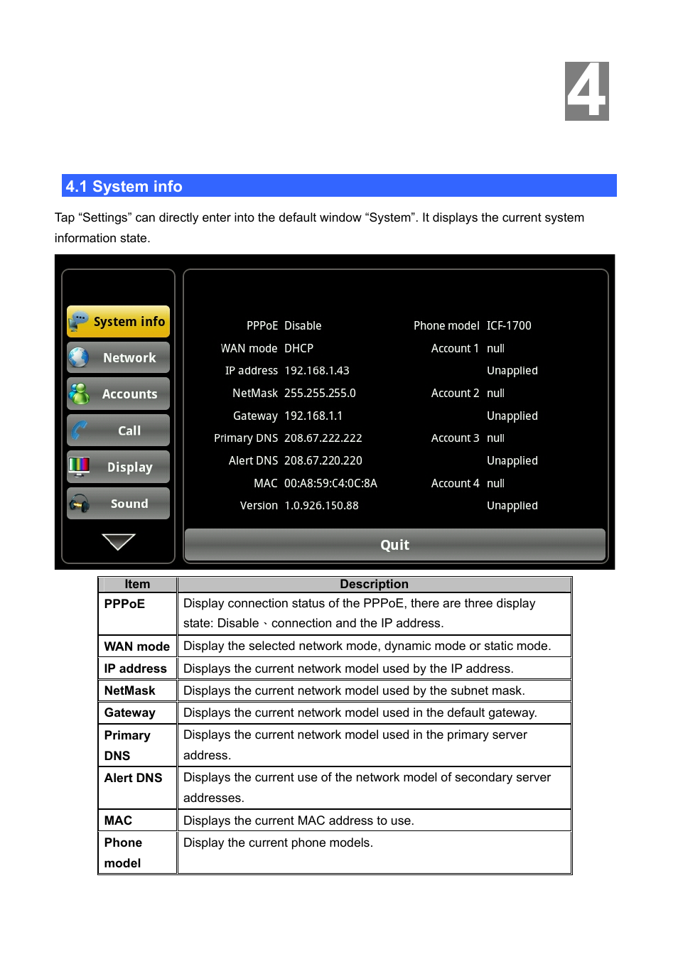 Chapter 4 video phone setting, 1 system info, Ystem info | PLANET ICF-1700 User Manual | Page 25 / 115