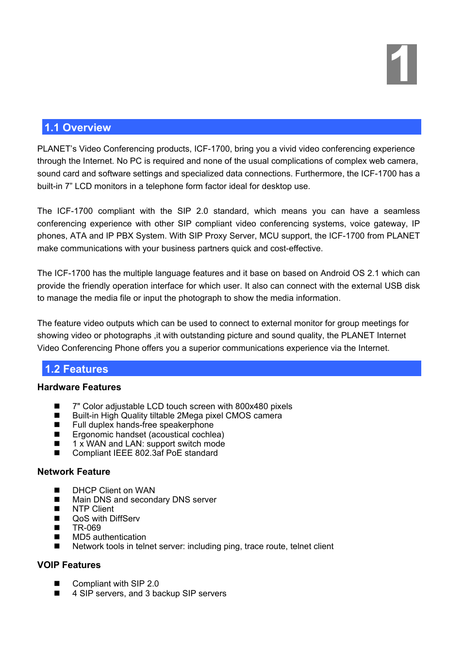 Chapter 1 introduction, 1 overview, 2 features | Verview, Eatures | PLANET ICF-1700 User Manual | Page 6 / 115