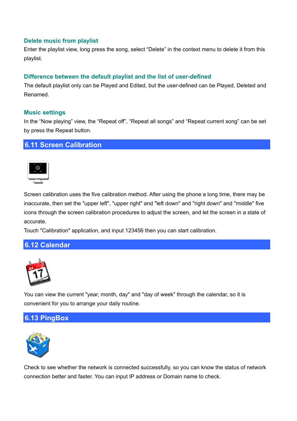 11 screen calibration, 12 calendar, 13 pingbox | Creen, Alibration, Alendar | PLANET ICF-1700 User Manual | Page 83 / 115
