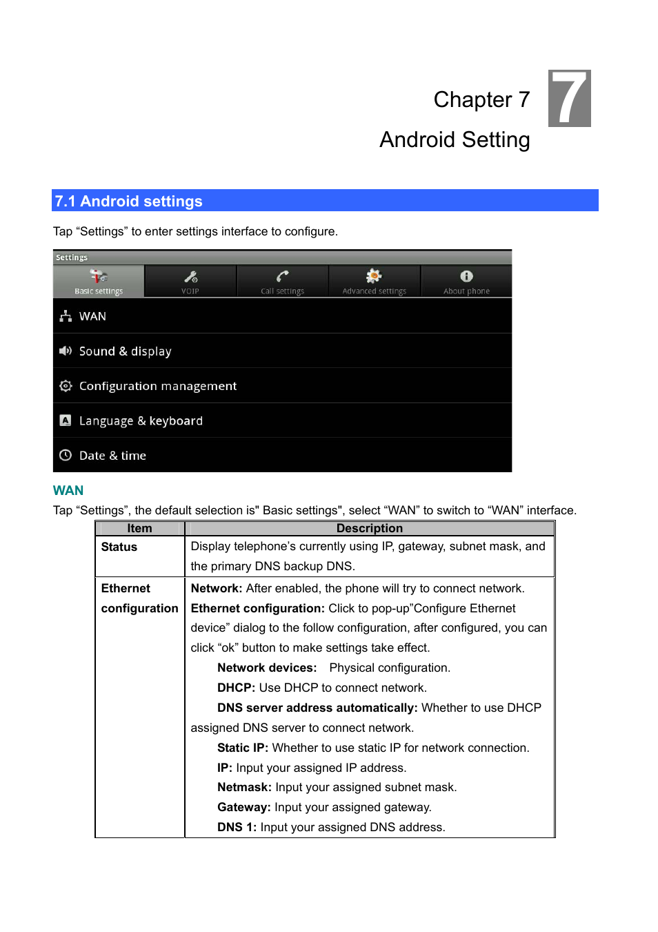 Chapter 7 android setting, 1 android settings, Ndroid settings | PLANET ICF-1700 User Manual | Page 84 / 115