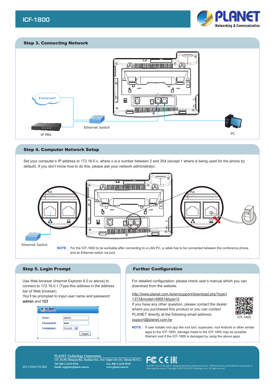 Quick installation guide, Icf-1800, Internet | PLANET ICF-1800 User Manual | Page 2 / 2