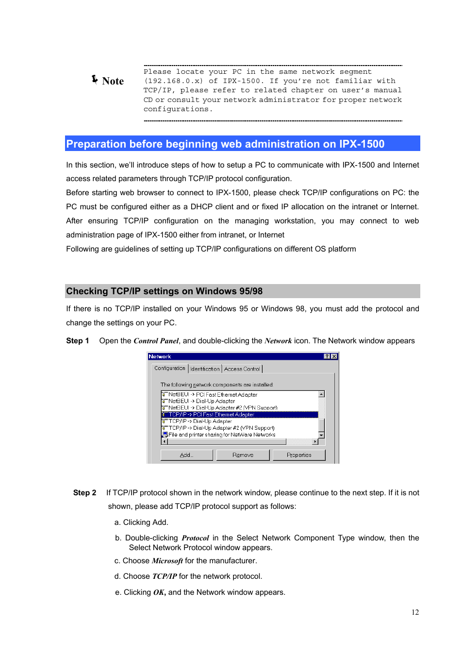 Checking tcp/ip settings on windows 95/98 | PLANET IPX-1500 User Manual | Page 12 / 85