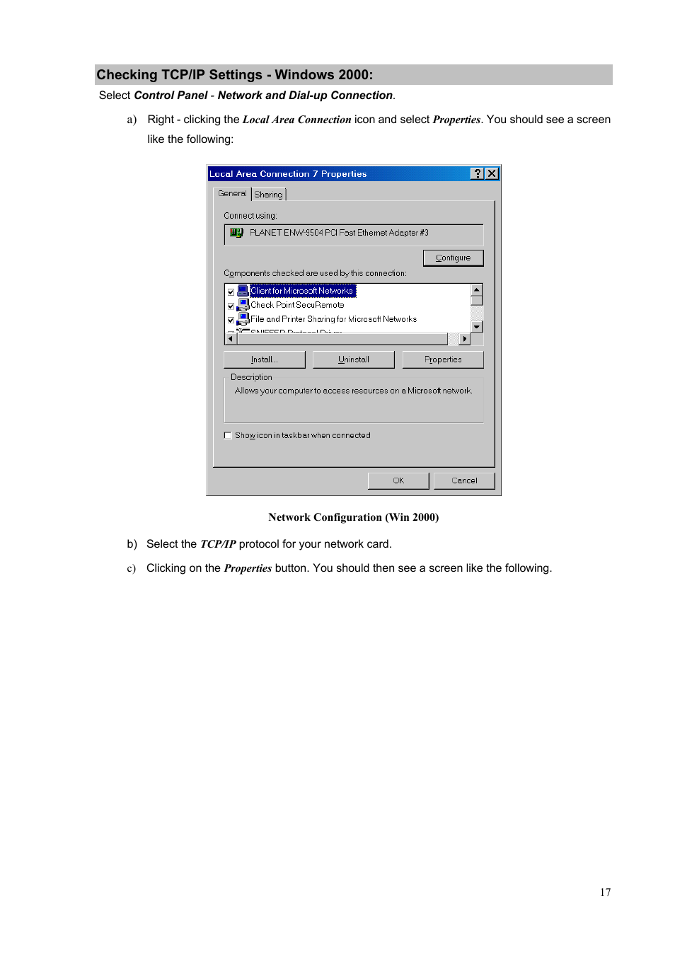 Checking tcp/ip settings - windows 2000 | PLANET IPX-1500 User Manual | Page 17 / 85