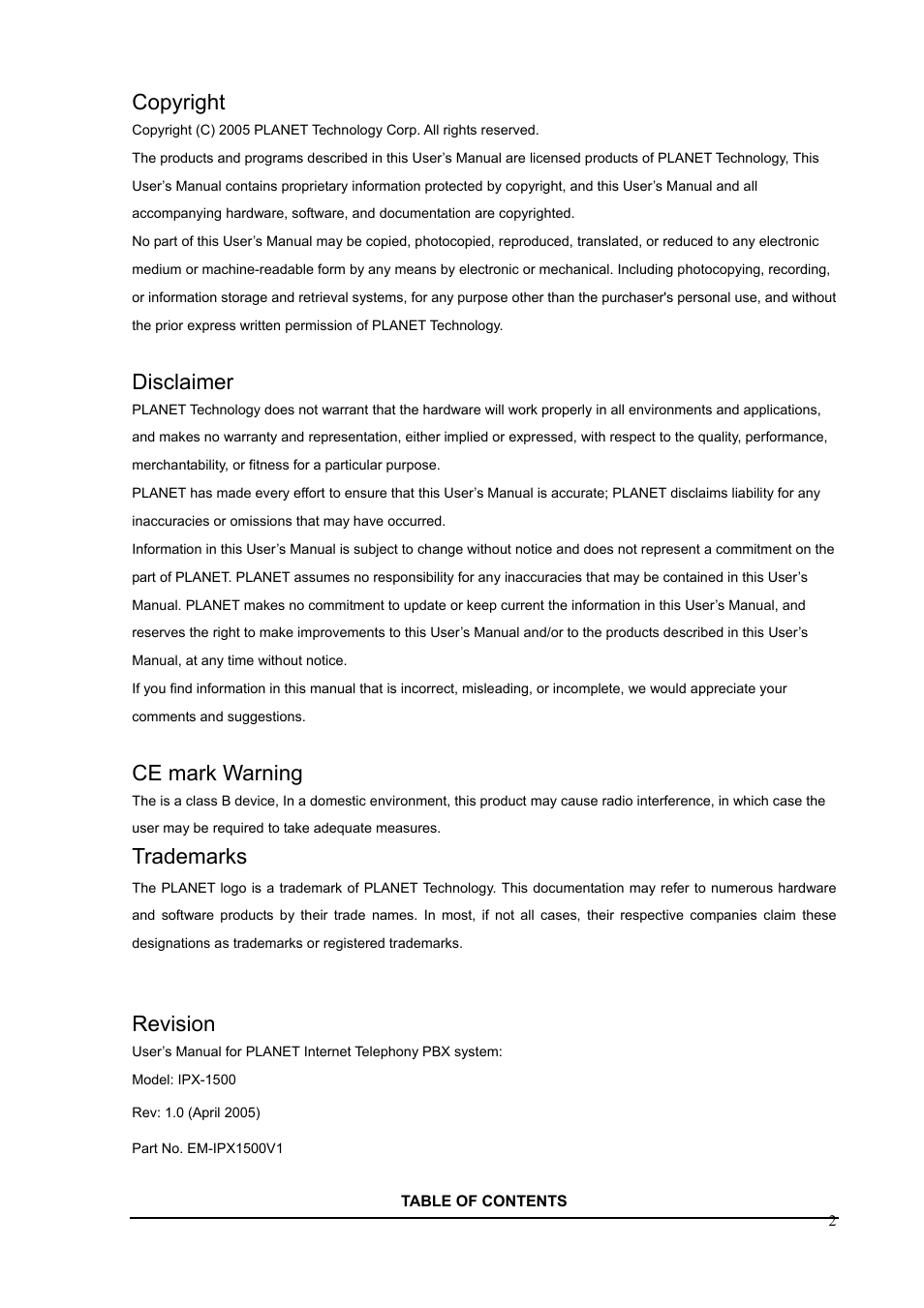 Copyright, Disclaimer, Ce mark warning | Trademarks, Revision | PLANET IPX-1500 User Manual | Page 2 / 85