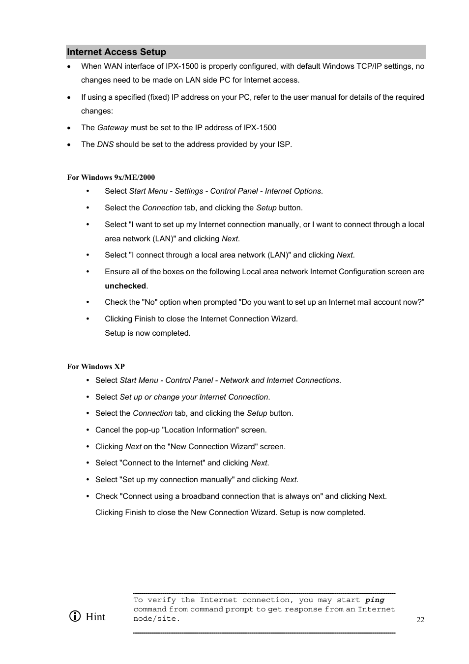 Internet access setup, Hint | PLANET IPX-1500 User Manual | Page 22 / 85