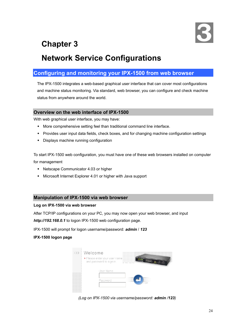 Chapter 3 network service configurations, Overview on the web interface of ipx-1500, Manipulation of ipx-1500 via web browser | PLANET IPX-1500 User Manual | Page 24 / 85