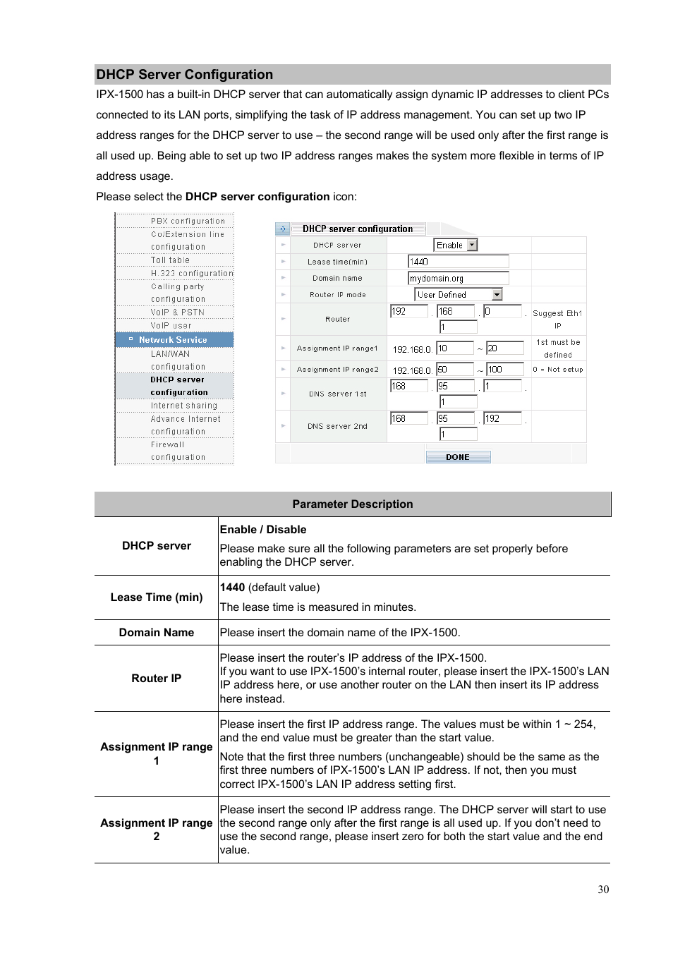 Dhcp server configuration | PLANET IPX-1500 User Manual | Page 30 / 85