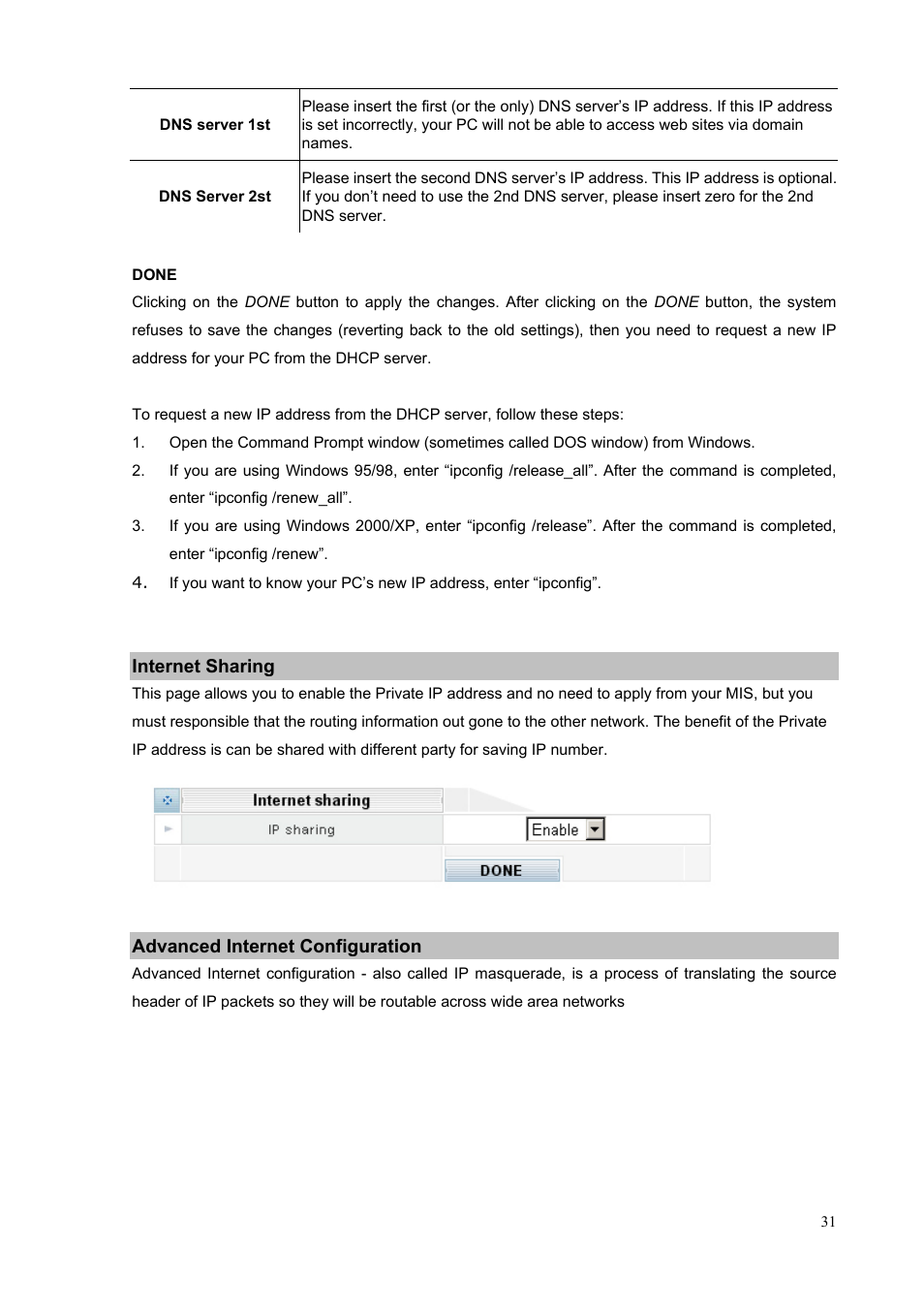 Internet sharing, Advanced internet configuration | PLANET IPX-1500 User Manual | Page 31 / 85