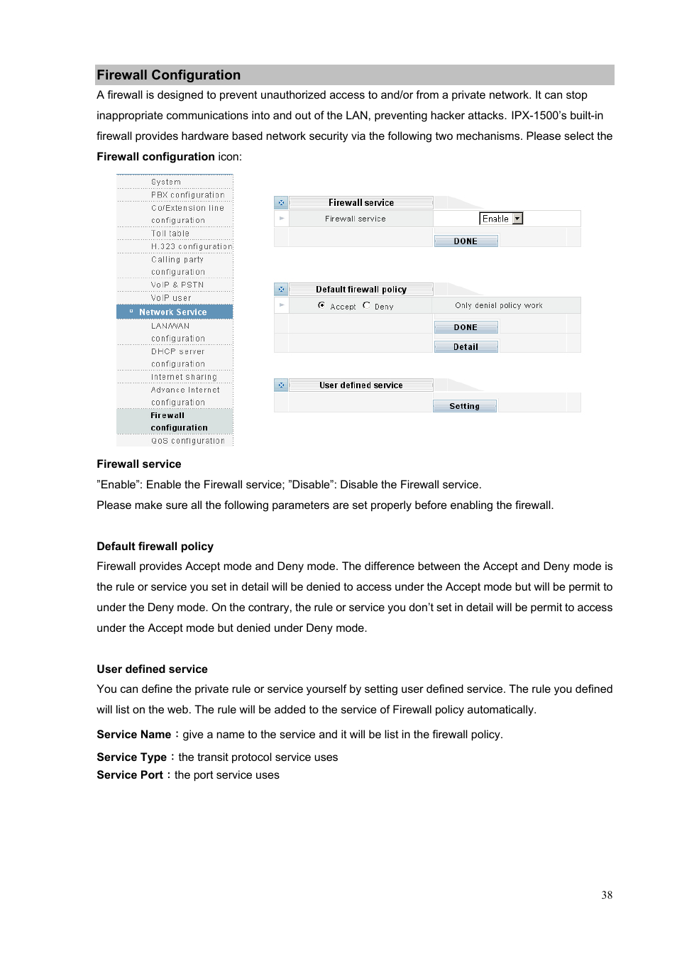 Firewall configuration | PLANET IPX-1500 User Manual | Page 38 / 85