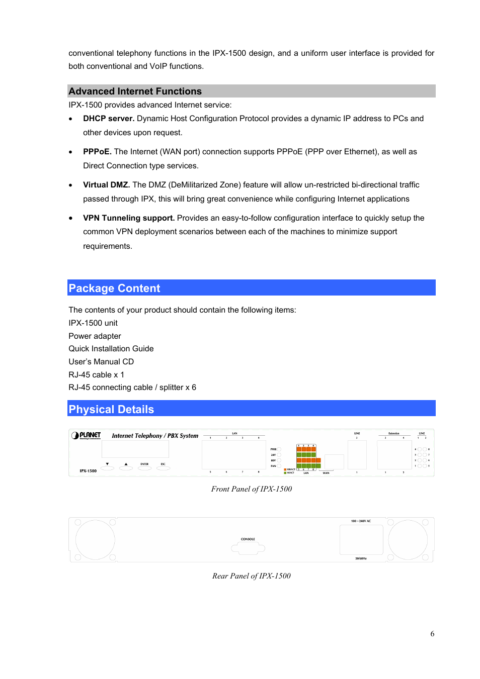 Package content, Physical details | PLANET IPX-1500 User Manual | Page 6 / 85