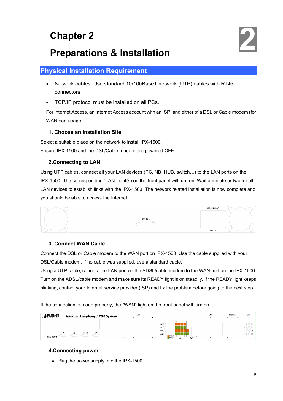 Chapter 2 preparations & installation, Physical installation requirement | PLANET IPX-1500 User Manual | Page 9 / 85